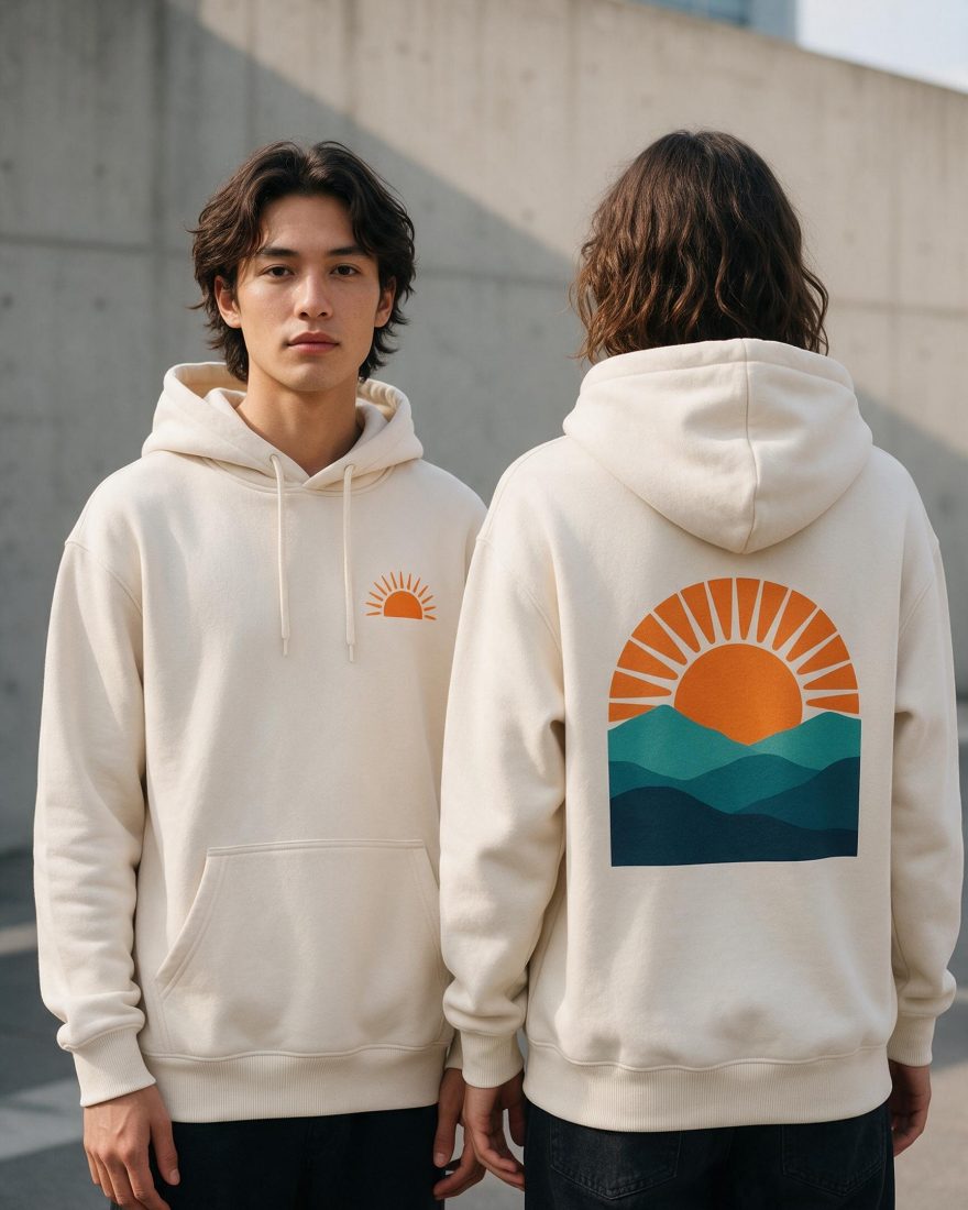 Illustrative product photo: two people in cream hoodies showing a small left-chest sun print and a large full-colour sun and mountain back print