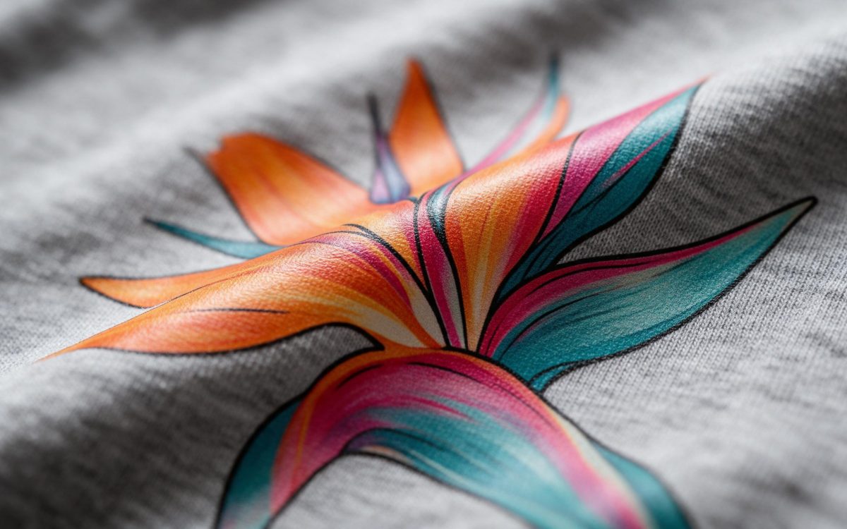 Illustrative macro photo: a full-colour DTF flower print on heather grey cotton, showing fine colour gradients and the fabric knit