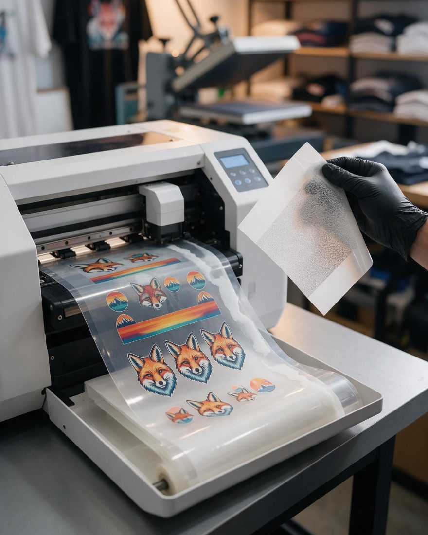 Illustrative photo: a DTF printer printing full-colour designs onto clear transfer film, with a finished transfer sheet held up to the light