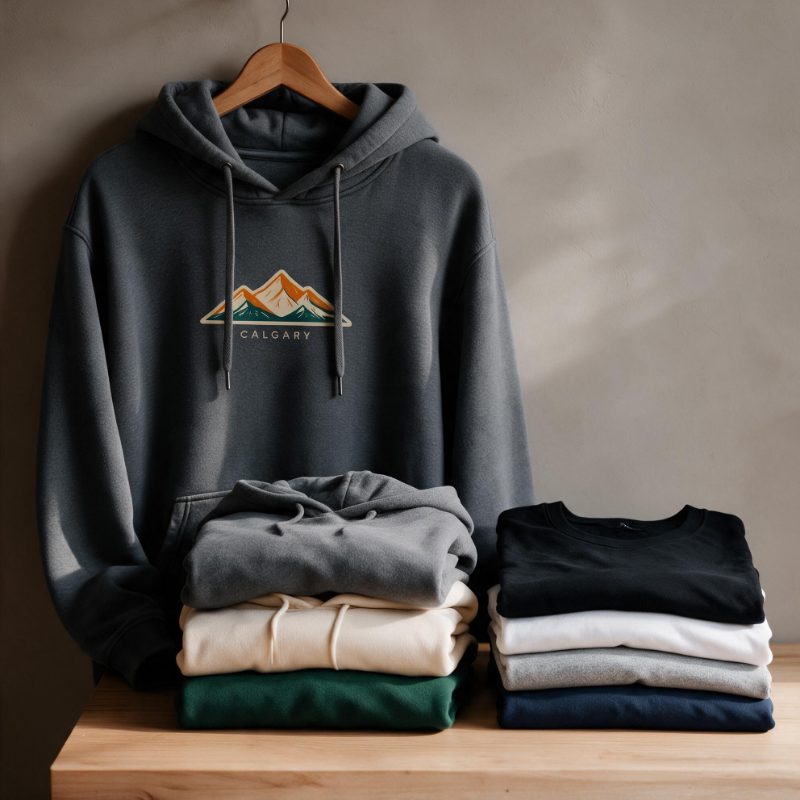 Illustrative product photo: a charcoal hoodie with a full-colour mountain and Calgary chest print, beside folded stacks of hoodies and T-shirts