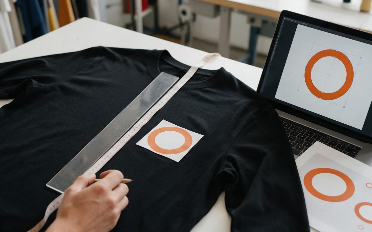 Illustrative photo: measuring left-chest logo placement on a black long-sleeve shirt with a ruler and tape, with the vector artwork open on a laptop