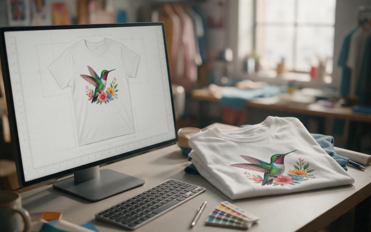 Illustrative photo: a digital T-shirt proof on a monitor beside the finished printed shirt with the same hummingbird design